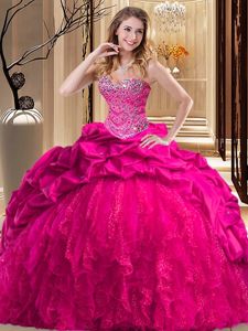 Hot Pink Sweet 16 Dress Military Ball and Sweet 16 and Quinceanera and For with Beading and Ruffles Sweetheart Sleeveless Brush Train Lace Up