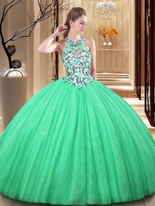 Green High-neck Lace Up Lace and Appliques Vestidos de Quinceanera Sleeveless