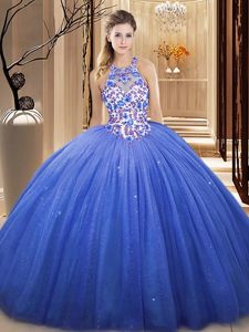 Latest Sleeveless Tulle Floor Length Lace Up Quinceanera Dresses in Blue for with Lace and Appliques