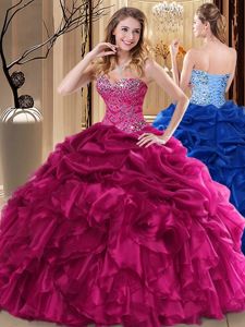 Fuchsia Ball Gowns Organza Sweetheart Sleeveless Beading and Pick Ups Floor Length Lace Up Sweet 16 Dress
