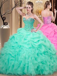 Sweetheart Sleeveless Quinceanera Dresses Floor Length Beading and Ruffles and Pick Ups Apple Green Organza