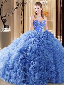 Hot Selling Blue Organza and Fabric With Rolling Flowers Lace Up Quinceanera Gown Sleeveless Court Train Embroidery and Ruffles