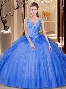 Sequins Pick Ups Floor Length Ball Gowns Sleeveless Royal Blue Ball Gown Prom Dress Backless