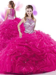 Fitting Fuchsia Sleeveless Ruffles and Pick Ups Zipper Quince Ball Gowns