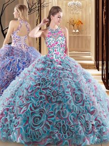 Sweep Train Ball Gowns Quince Ball Gowns Multi-color High-neck Fabric With Rolling Flowers Sleeveless Criss Cross