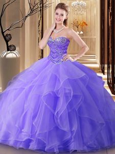 Multi-color Ball Gowns High-neck Sleeveless Tulle Floor Length Backless Beading and Ruffles Quince Ball Gowns