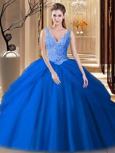 Sleeveless Backless Floor Length Lace and Pick Ups Quince Ball Gowns