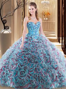With Train Multi-color 15th Birthday Dress Fabric With Rolling Flowers Brush Train Sleeveless Embroidery and Ruffles