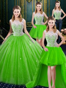 Custom Fit Four Piece Tulle Sleeveless Floor Length Quince Ball Gowns Brush Train and Lace
