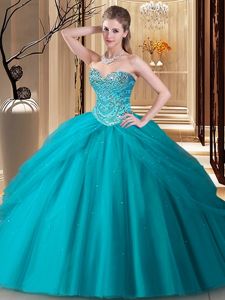 Three Piece Blue Ball Gowns Beading and Ruffles 15th Birthday Dress Lace Up Organza Sleeveless Floor Length
