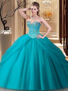 Floor Length Teal Ball Gown Prom Dress Tulle Sleeveless Beading