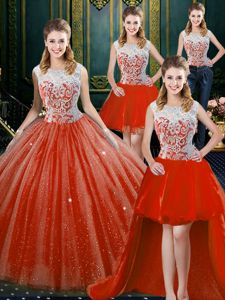 Four Piece Floor Length Zipper Quinceanera Dresses Orange Red and In for Military Ball and Sweet 16 and Quinceanera with Beading and Lace