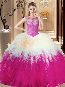 Dynamic Sleeveless Floor Length Beading and Ruffles Backless 15 Quinceanera Dress with Multi-color