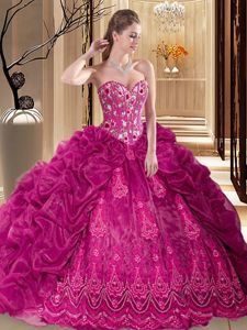 Beautiful Sleeveless Embroidery and Pick Ups Lace Up 15 Quinceanera Dress with Fuchsia Court Train