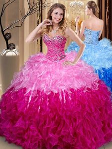 Customized Multi-color Lace Up Sweetheart Beading and Ruffles Quince Ball Gowns Organza Sleeveless