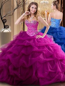 Luxury Fuchsia Sleeveless Tulle Lace Up Quinceanera Gown for Military Ball and Sweet 16 and Quinceanera