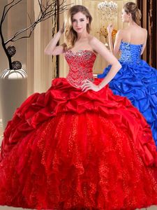 Sweetheart Sleeveless Taffeta and Tulle Quince Ball Gowns Beading and Ruffles Brush Train Lace Up