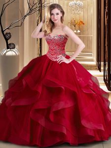 Sweetheart Sleeveless Lace Up Sweet 16 Quinceanera Dress Wine Red Tulle