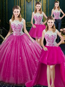 Artistic Four Piece Ball Gowns Sweet 16 Quinceanera Dress Fuchsia High-neck Tulle Sleeveless Floor Length Zipper