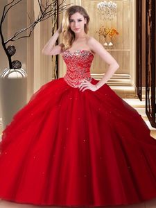 Stylish Beading Dama Dress for Quinceanera Red Lace Up Sleeveless Floor Length