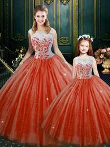 Orange Red Sleeveless Floor Length Lace Zipper Quinceanera Gown