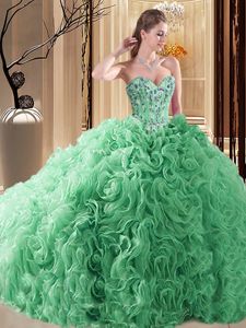 Sumptuous Turquoise Lace Up Sweetheart Embroidery and Ruffles 15 Quinceanera Dress Fabric With Rolling Flowers Sleeveless Court Train