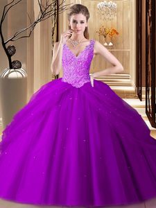 Ideal Purple Backless V-neck Appliques and Pick Ups Quinceanera Dresses Tulle Sleeveless