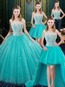 Fabulous Four Piece Floor Length Zipper Ball Gown Prom Dress Aqua Blue and In for Military Ball and Sweet 16 and Quinceanera with Lace
