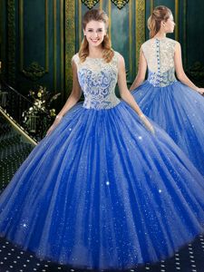 Four Piece Royal Blue Ball Gowns High-neck Sleeveless Tulle Floor Length Brush Train Zipper Lace Quinceanera Dress