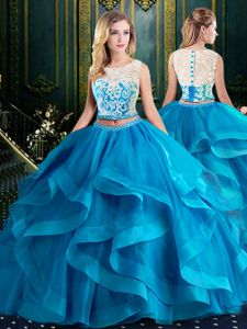 Trendy Scoop Sleeveless Brush Train Zipper With Train Lace and Ruffles Quinceanera Gown