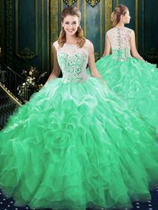 Charming Brush Train Ball Gowns 15th Birthday Dress Green Scoop Organza and Tulle Sleeveless Zipper
