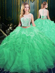 Court Train Two Pieces Sweet 16 Dresses Green Scoop Organza Sleeveless Zipper