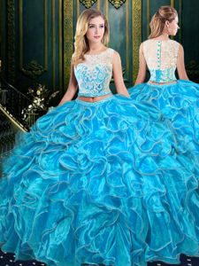 Scoop Baby Blue Sleeveless Lace and Ruffles Floor Length Sweet 16 Dresses