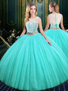 Scoop Sleeveless Lace Up Floor Length Lace and Sequins Sweet 16 Dresses