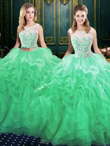 Green Scoop Neckline Lace and Ruffles Vestidos de Quinceanera Sleeveless Lace Up