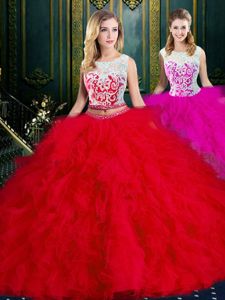 Red Tulle Zipper Scoop Sleeveless Floor Length Quinceanera Dresses Lace and Ruffles