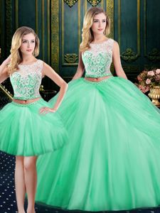 Three Piece Apple Green Ball Gowns Satin and Tulle Scoop Sleeveless Lace and Pick Ups Floor Length Lace Up Sweet 16 Dress