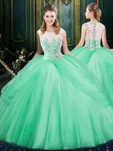 Delicate Scoop Apple Green Tulle Zipper Sweet 16 Dresses Sleeveless Floor Length Lace and Pick Ups