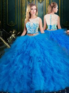Scoop Lace and Ruffles Quinceanera Gown Blue Zipper Sleeveless Floor Length