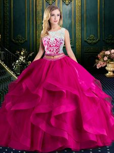 Exquisite Scoop Sleeveless Tulle Quinceanera Dresses Lace and Ruffles Brush Train Lace Up