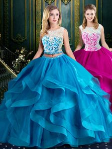 Baby Blue Quinceanera Gowns Military Ball and Sweet 16 and Quinceanera and For with Lace and Ruffles Scoop Sleeveless Brush Train Zipper