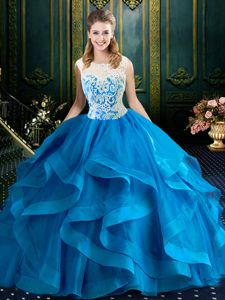 Comfortable Scoop Lace Vestidos de Quinceanera Blue Zipper Sleeveless With Brush Train