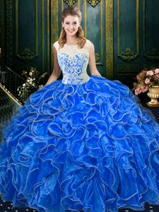 Royal Blue Damas Dress Military Ball and Sweet 16 and Quinceanera and For with Lace and Ruffles Scoop Sleeveless Zipper