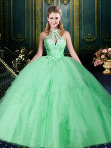 Apple Green Ball Gowns Halter Top Sleeveless Tulle Floor Length Lace Up Beading and Lace and Ruffles and Ruching Quinceanera Gowns