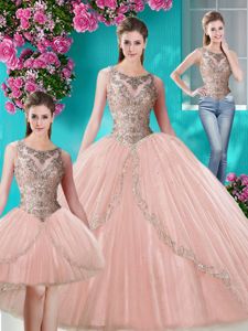 Custom Design Three Piece Scoop Sleeveless Beading and Appliques Lace Up 15th Birthday Dress