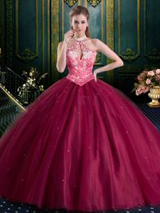 Charming Halter Top Sleeveless Tulle Floor Length Lace Up Quinceanera Dress in Burgundy for with Beading and Lace and Appliques