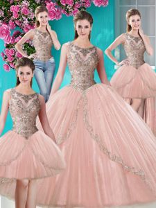 Four Piece Peach Lace Up Scoop Beading and Appliques 15 Quinceanera Dress Tulle Sleeveless