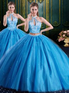 Baby Blue Sleeveless Floor Length Beading and Appliques Lace Up Quinceanera Gowns