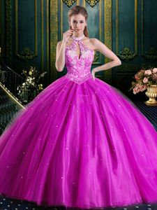 Fuchsia Sweet 16 Dresses Military Ball and Sweet 16 and Quinceanera and For with Beading and Lace and Appliques Halter Top Sleeveless Lace Up