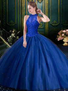 High-neck Sleeveless 15 Quinceanera Dress Floor Length Appliques Royal Blue Tulle